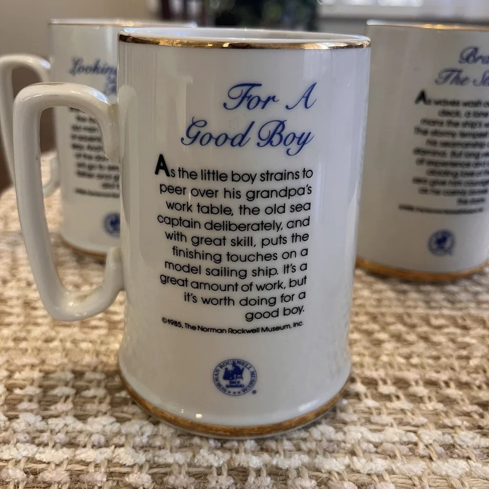 Norman Rockwell Coffee Mug set-Museum Series-Gold rim-Vintage Porcelain Set 4
